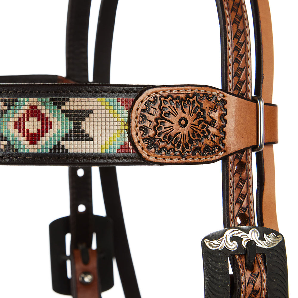 WD-SBH3 Turquoise & Rust Beadwork Browband Headstall with tooled leather accents by Mayatex on Tampa Home & Garden Store