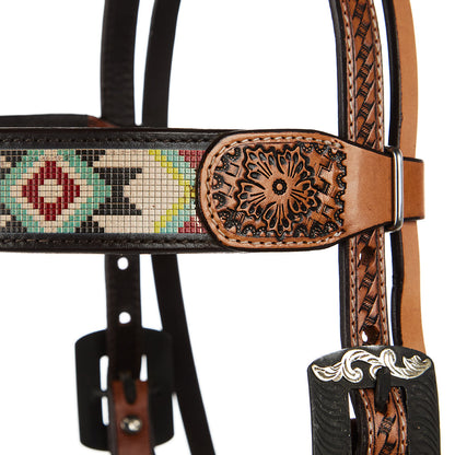 WD-SBH3 Turquoise & Rust Beadwork Browband Headstall with tooled leather accents by Mayatex on Tampa Home & Garden Store