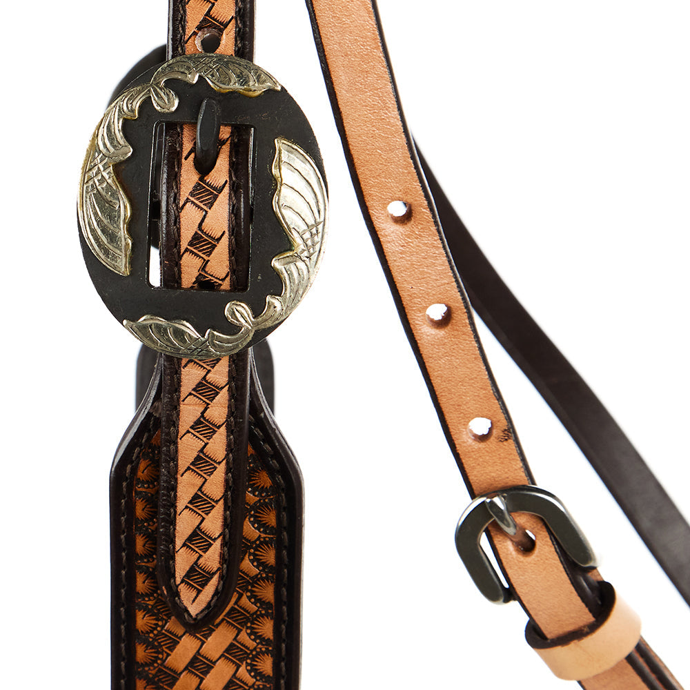 WD-SBH6 Basket Stamp Ranger Browband Headstall Mayatex tan leather with woven strap on Tampa Home & Garden Store