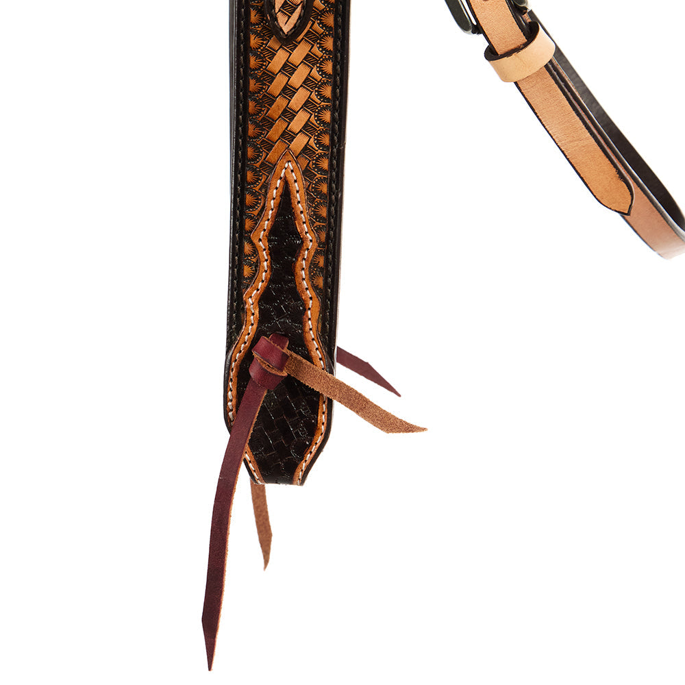 Mayatex WD-SBH6 Basket Stamp Browband Headstall dark brown basket-weave leather with tan accents on Tampa Home & Garden Store