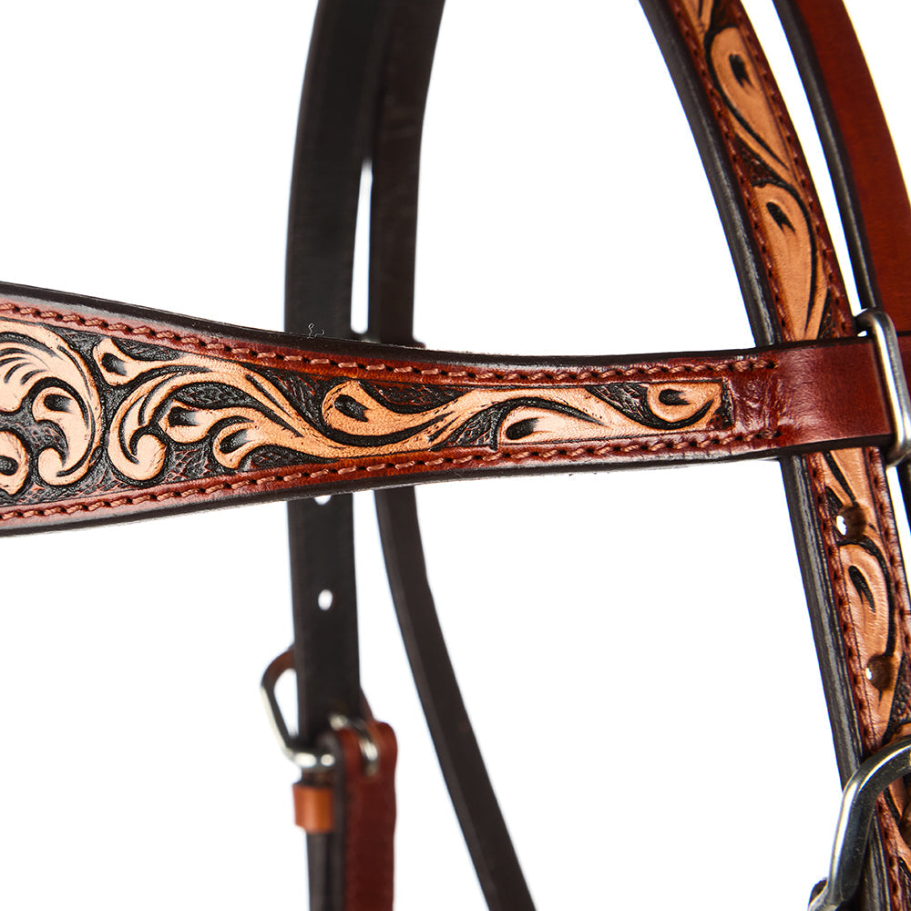 Floral tooled chestnut browband headstall WD-SBH7 by Mayatex with tan overlay and stitched edges on Tampa Home & Garden Store