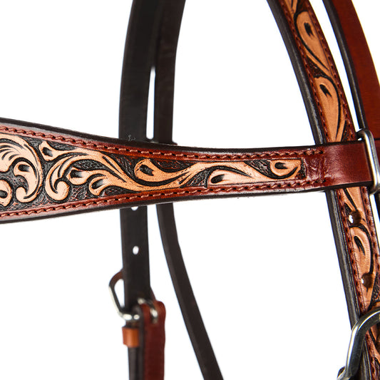Floral tooled chestnut browband headstall WD-SBH7 by Mayatex with tan overlay and stitched edges on Tampa Home & Garden Store