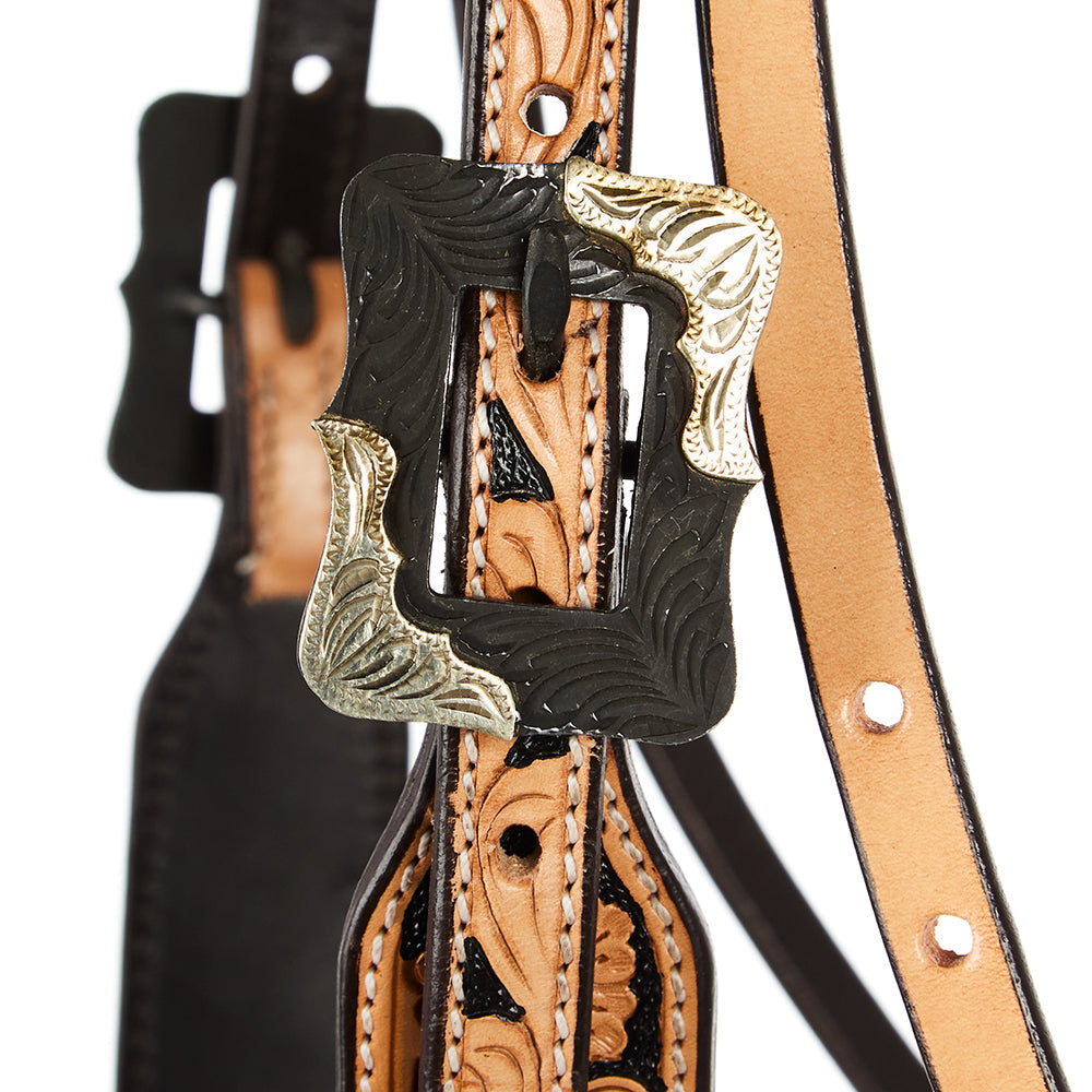 Natural floral tooling browband headstall in tan leather with ornate brass buckles on Tampa Home & Garden Store