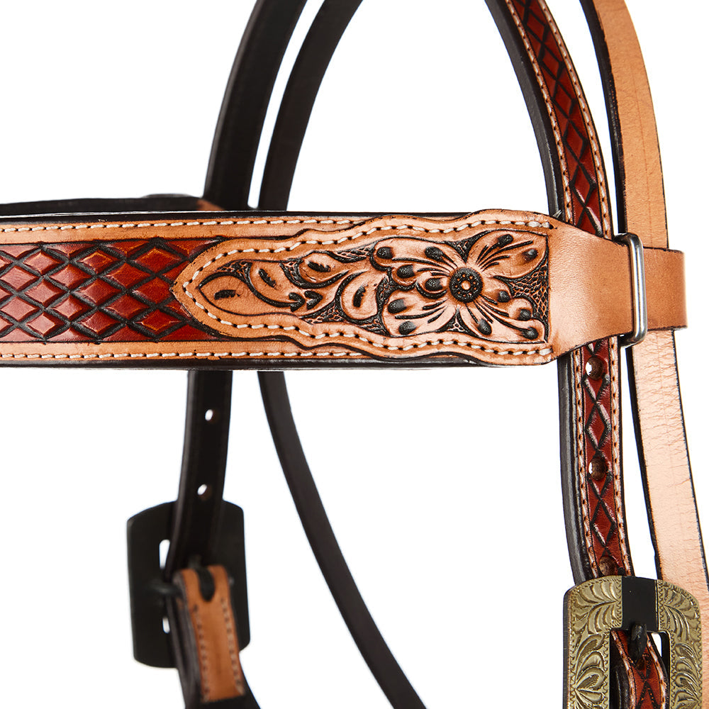 WD-SBH9 Chestnut Browband Headstall with floral tooled plate and diamond tooling on Tampa Home & Garden Store
