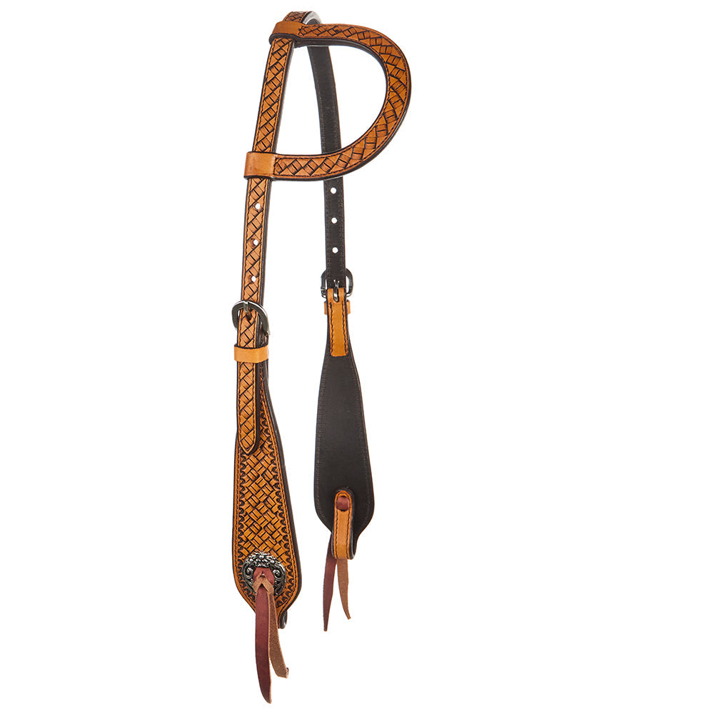 WD-SEH2 Natural Brick Tooled Headstall Single Ear Mayatex tan leather with concho accents on Tampa Home & Garden Store