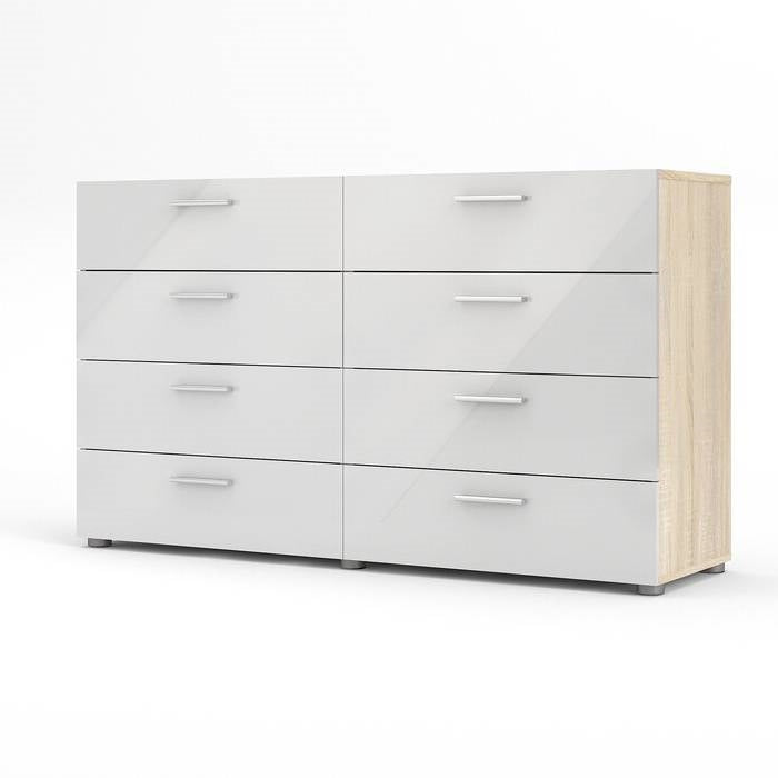 Cómoda doble de 8 cajones en blanco moderno para dormitorio con laterales y superficie de acabado roble