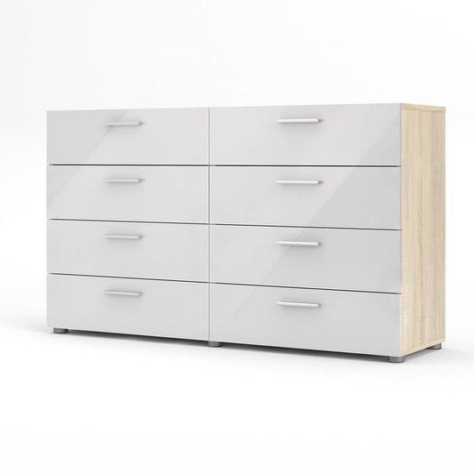 Cómoda doble de 8 cajones en blanco moderno para dormitorio con laterales y superficie de acabado roble