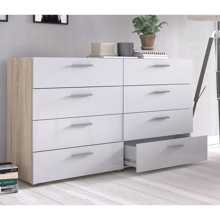 Cómoda doble de 8 cajones en blanco moderno para dormitorio con laterales y superficie de acabado roble