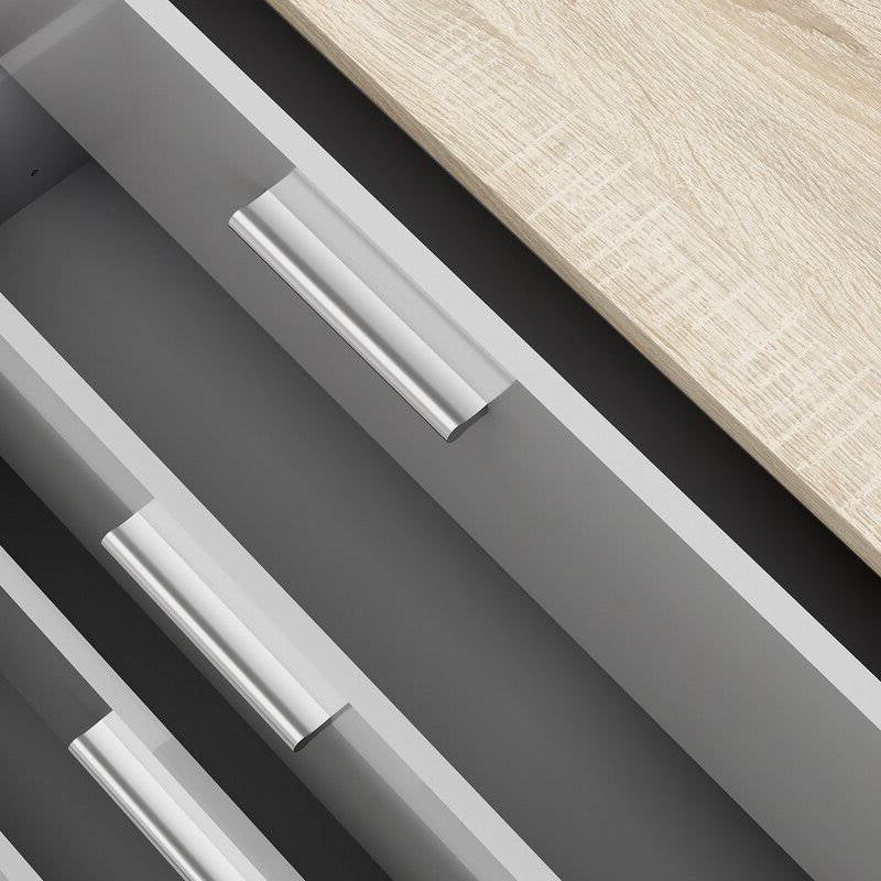 Cómoda doble de 8 cajones en blanco moderno para dormitorio con laterales y superficie de acabado roble