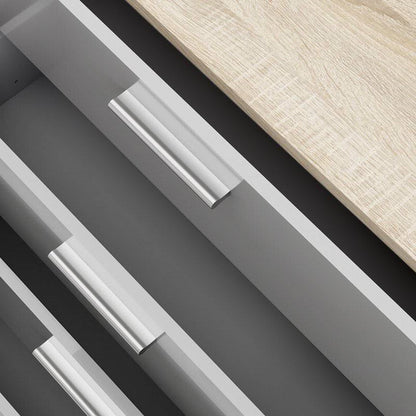 Cómoda doble de 8 cajones en blanco moderno para dormitorio con laterales y superficie de acabado roble