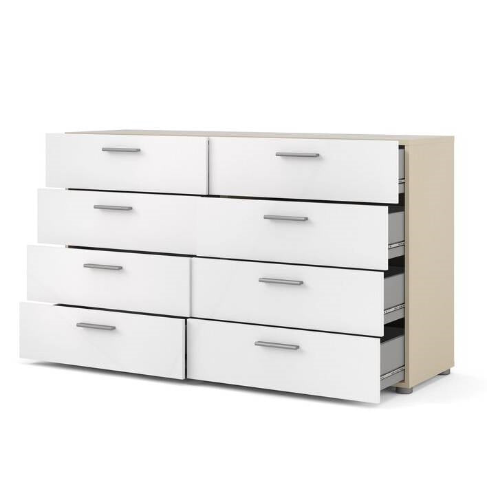Cómoda doble de 8 cajones en blanco moderno para dormitorio con laterales y superficie de acabado roble