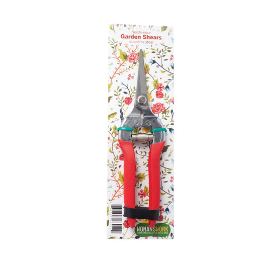 Compact pruning shears on floral card packaging with red handles by Womanswork on Tampa Home & Garden Store