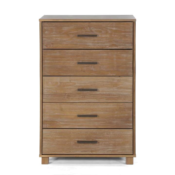 Cómoda de dormitorio de 5 cajones de madera maciza estilo casa de campo moderna con acabado en pino