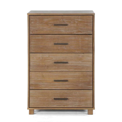 Cómoda de dormitorio de 5 cajones de madera maciza estilo casa de campo moderna con acabado en pino