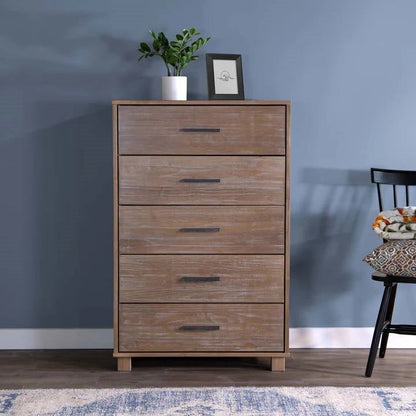 Cómoda de dormitorio de 5 cajones de madera maciza estilo casa de campo moderna con acabado en pino