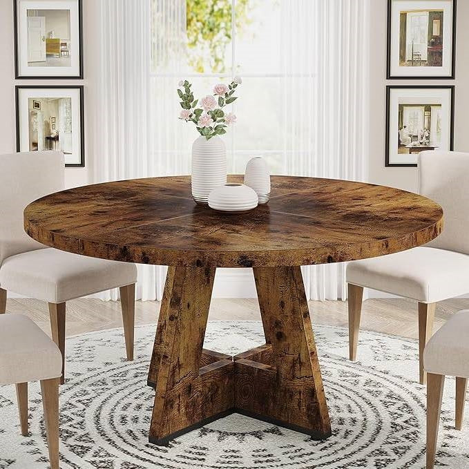 Modern Kitchen 4-Person Circular Dining Table in Rustic Brown Wood Finish