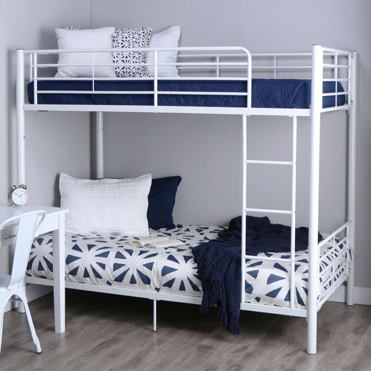 Twin over Twin Sturdy Steel Metal Bunk Bed in White Finish - Tampa Home & Garden Store