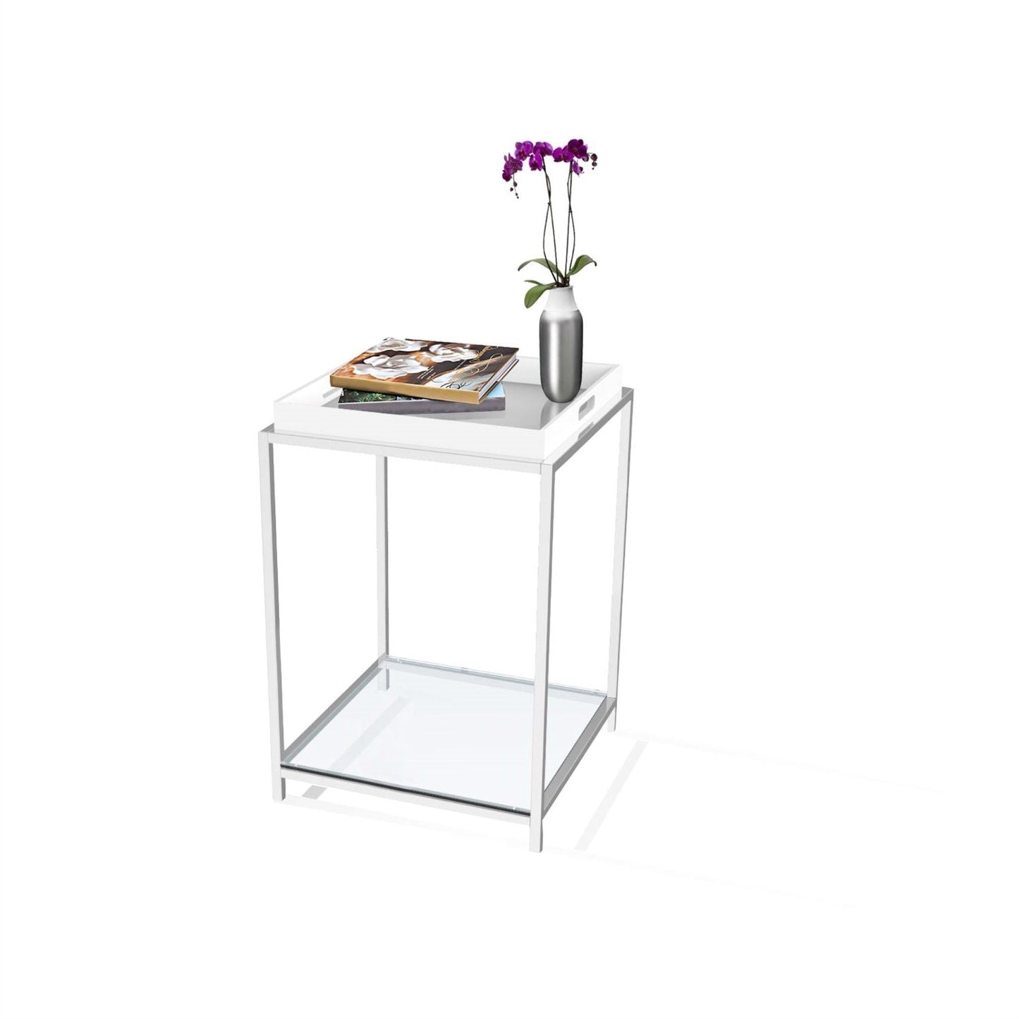 Mesa auxiliar de metal clásica moderna con bandeja extraíble blanca