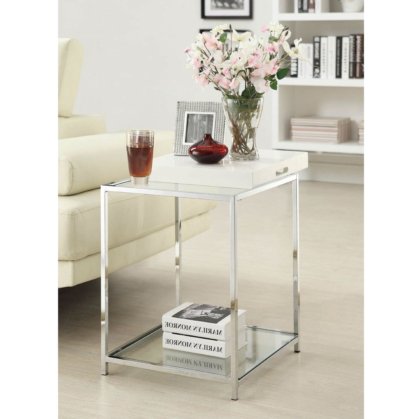 Mesa auxiliar de metal clásica moderna con bandeja extraíble blanca