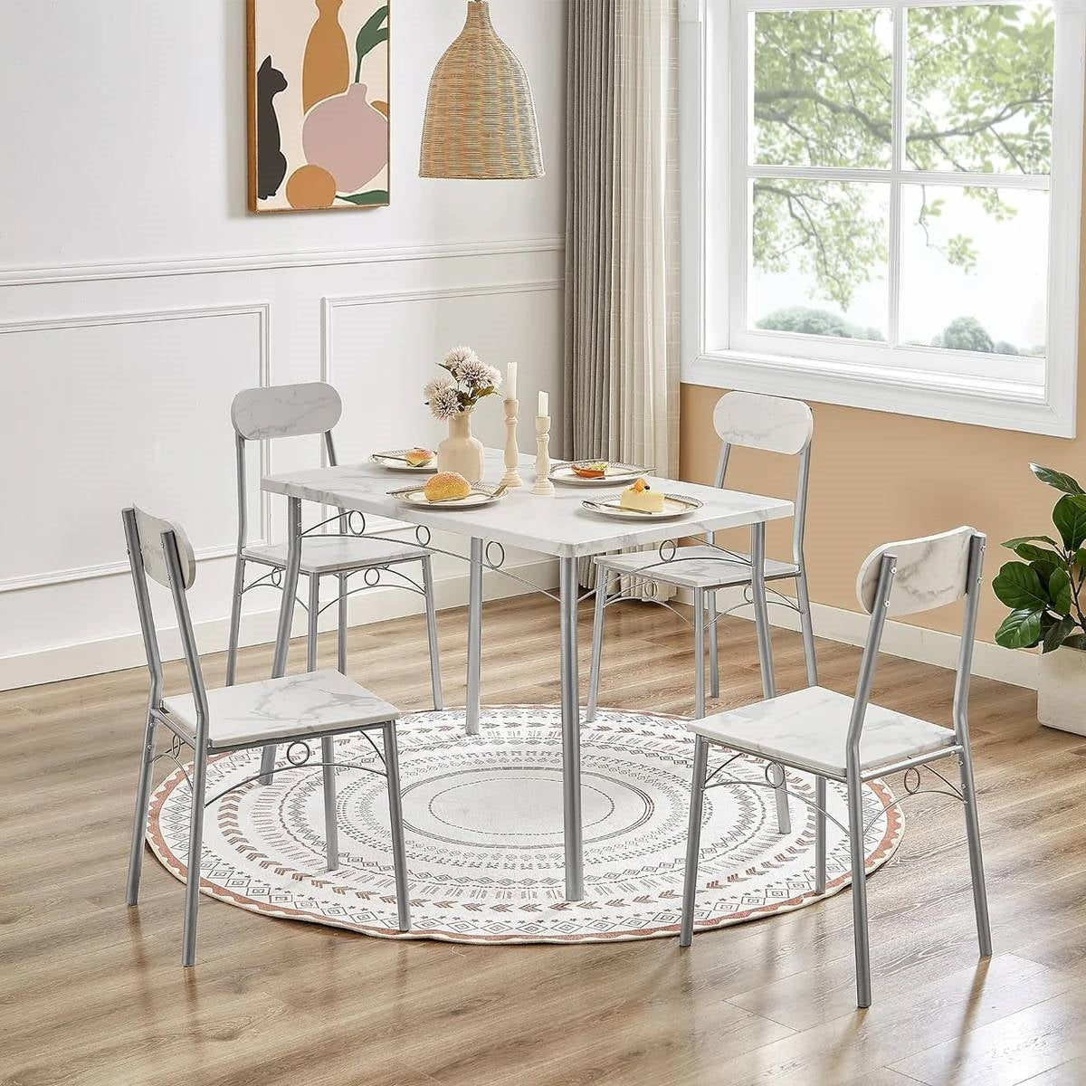 Juego de comedor moderno de 5 piezas con mesa con tapa de mármol sintético blanco y 4 sillas