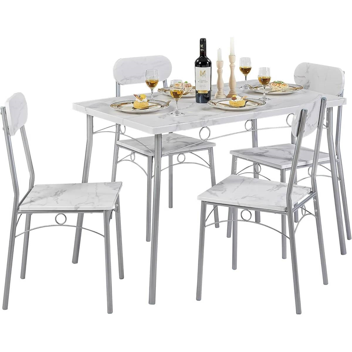 Juego de comedor moderno de 5 piezas con mesa con tapa de mármol sintético blanco y 4 sillas