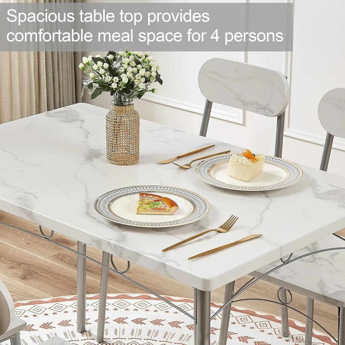 Juego de comedor moderno de 5 piezas con mesa con tapa de mármol sintético blanco y 4 sillas