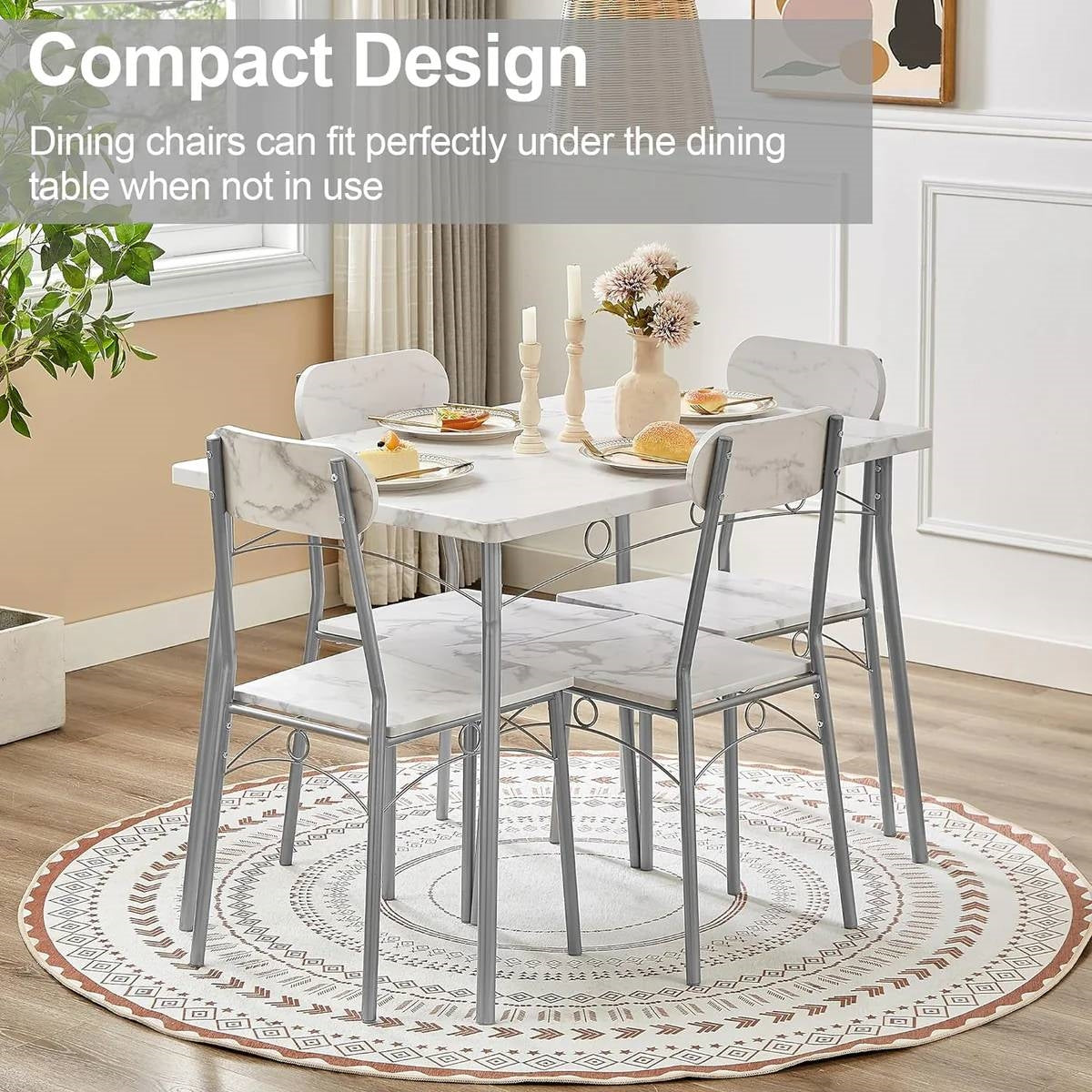 Juego de comedor moderno de 5 piezas con mesa con tapa de mármol sintético blanco y 4 sillas