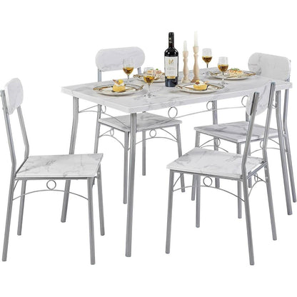 Juego de comedor moderno de 5 piezas con mesa con tapa de mármol sintético blanco y 4 sillas