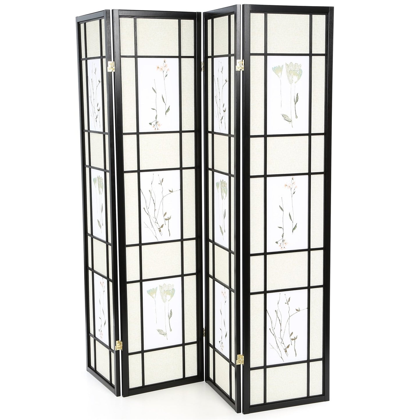 Biombo Shoji negro de 4 paneles con estampado floral asiático