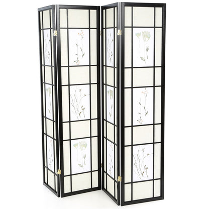 Biombo Shoji negro de 4 paneles con estampado floral asiático
