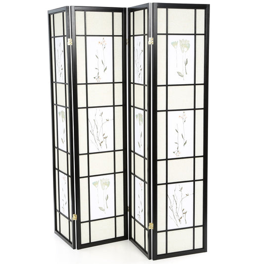 Black 4-Panel Room Divider Shoji Screen with Asian Floral Print - Tampa Home & Garden Store