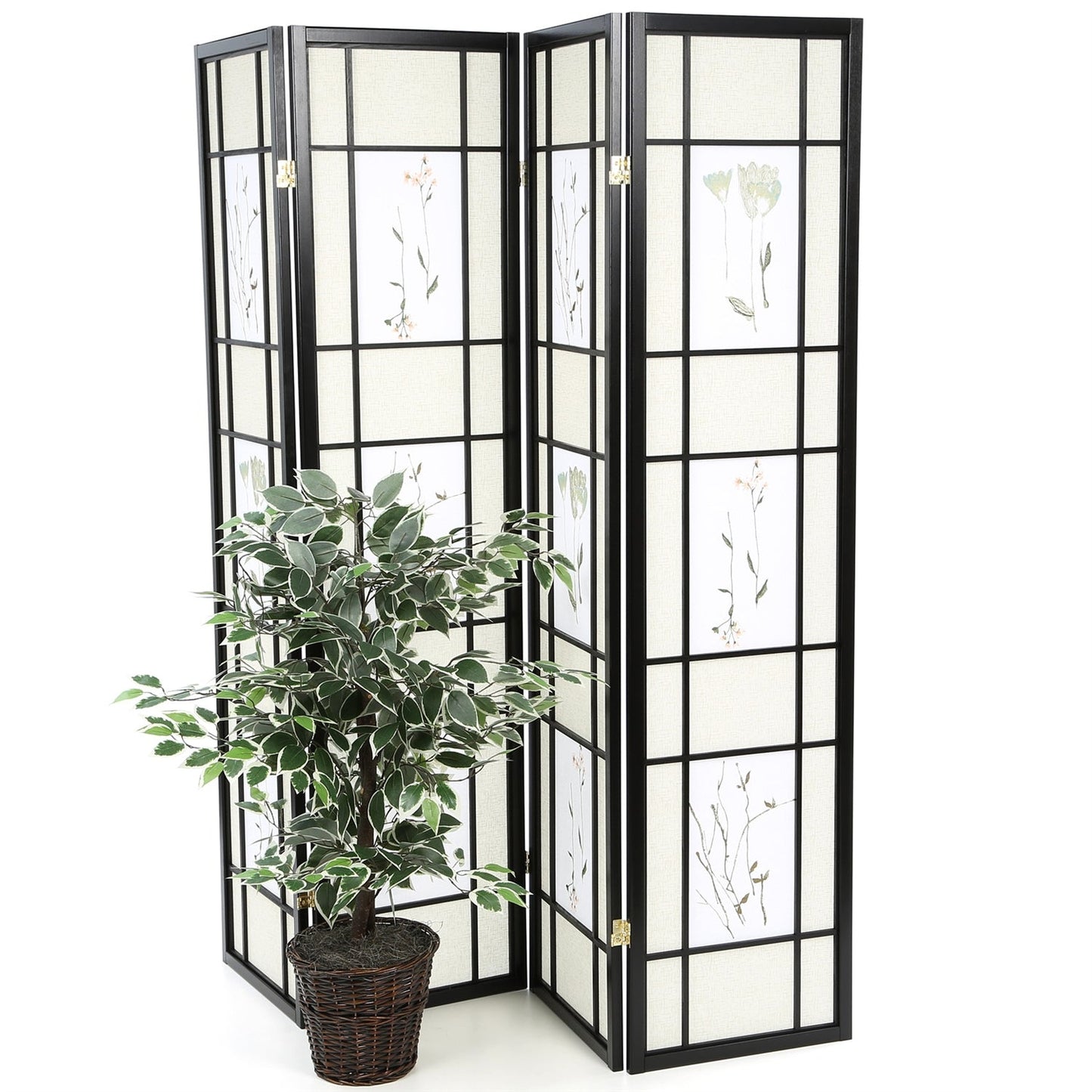 Biombo Shoji negro de 4 paneles con estampado floral asiático