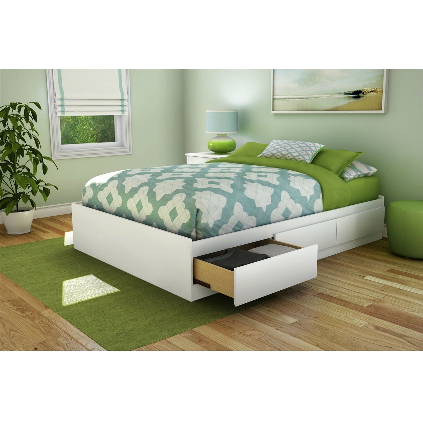 Cama de plataforma contemporánea de tamaño completo con 3 cajones de almacenamiento en color blanco