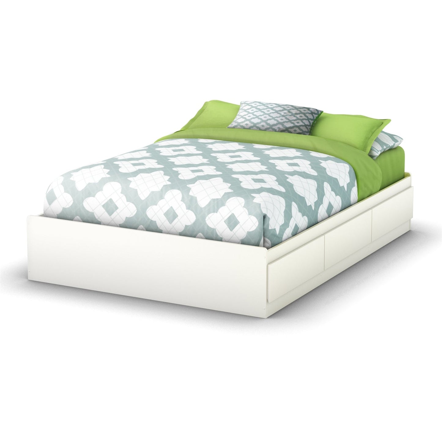 Cama de plataforma contemporánea de tamaño completo con 3 cajones de almacenamiento en color blanco