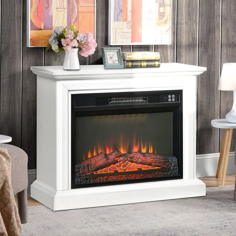 Calentador de chimenea eléctrico blanco de 31 pulgadas con efecto de llama regulable y repisa con control remoto