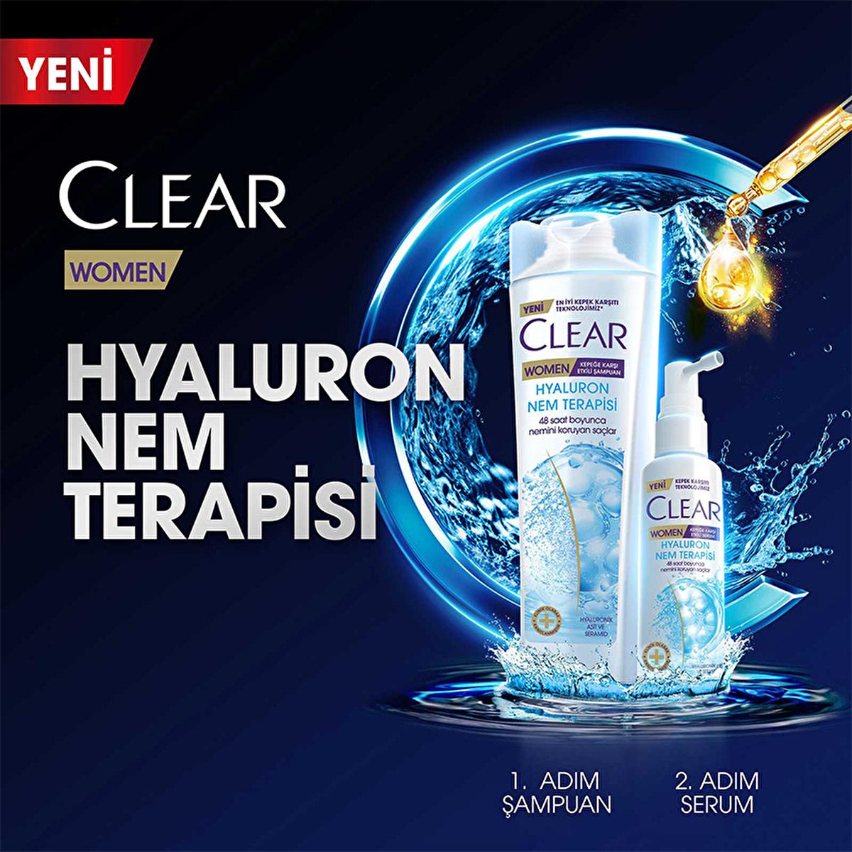 Clear Women Hyaluron Nem Terapisi hair serum and shampoo duo with blue water splash on Tampa Home & Garden Store