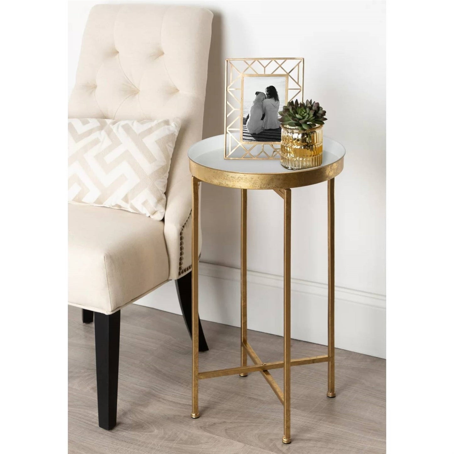 Gold Metal Round Nightstand and a Removable Tray