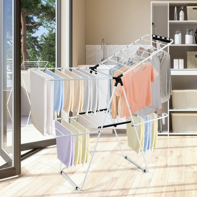 Estante Blanco Plegable de 2 Niveles para Secar Ropa de Altura Ajustable