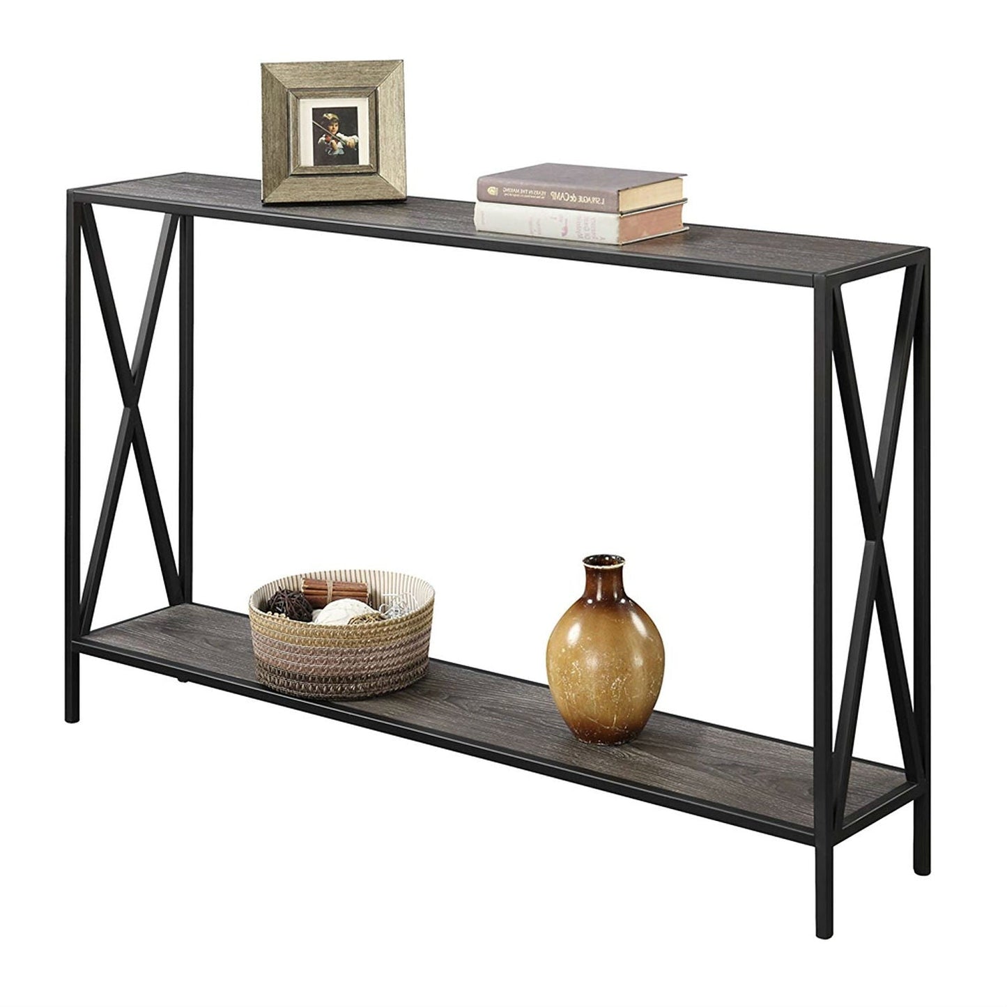Mesa consola de sofá de madera gris desgastada con estante inferior y estructura de metal