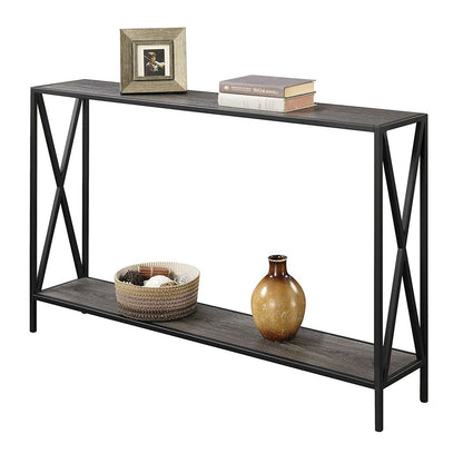 Mesa consola de sofá de madera gris desgastada con estante inferior y estructura de metal