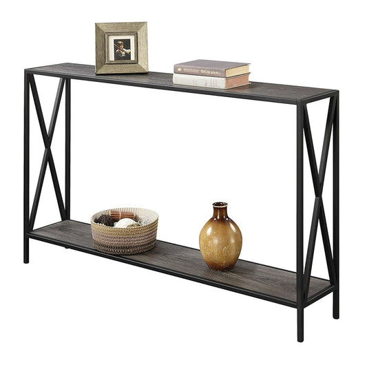 Weathered Grey Wood Console Sofa Table with Bottom Shelf and Metal Frame - Tampa Home & Garden Store