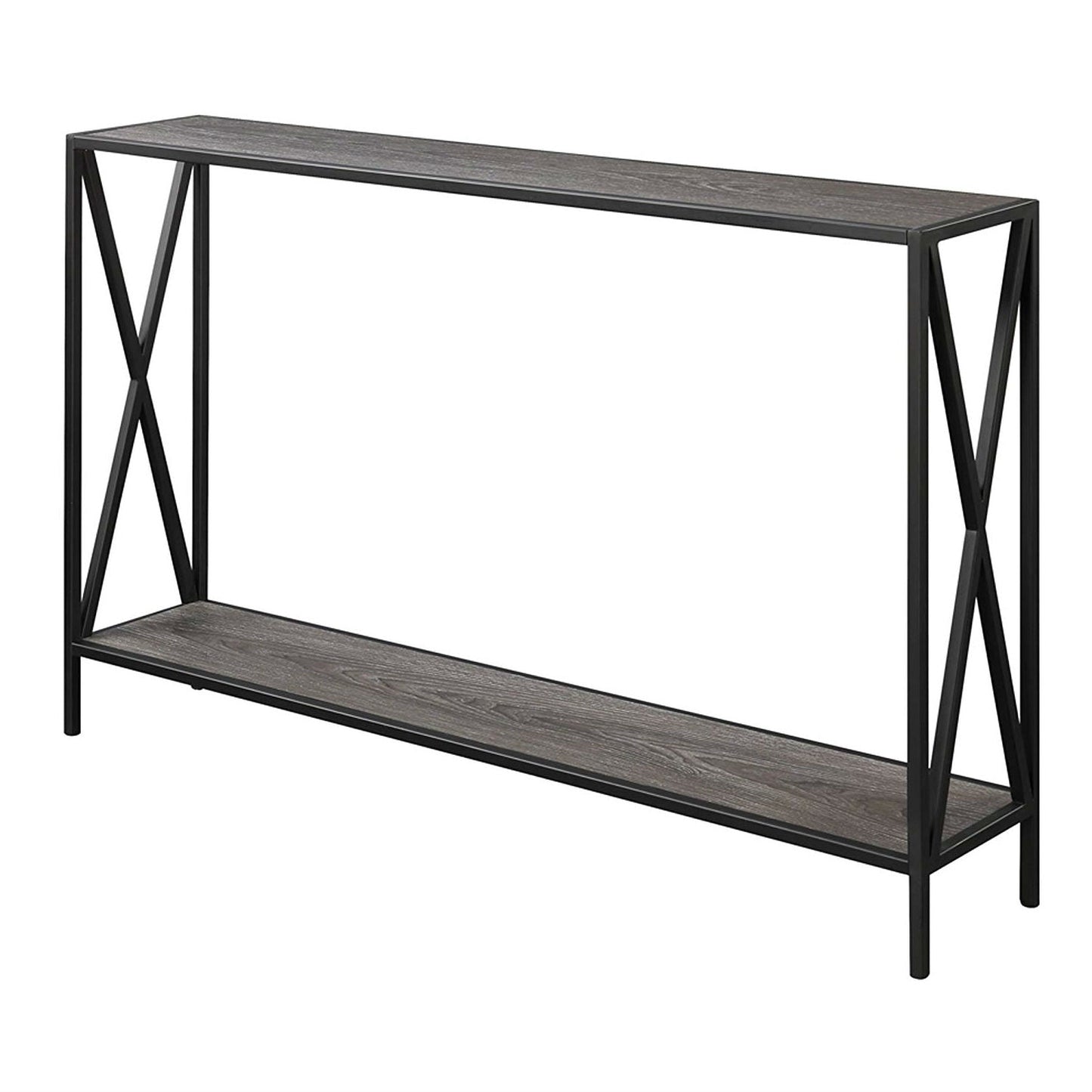 Mesa consola de sofá de madera gris desgastada con estante inferior y estructura de metal