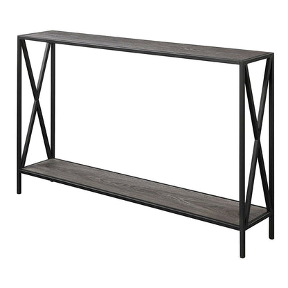 Mesa consola de sofá de madera gris desgastada con estante inferior y estructura de metal