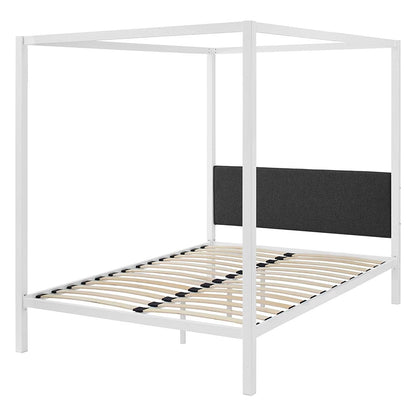 Base de cama de metal blanco tamaño Queen con dosel y cabecera tapizada en tela gris