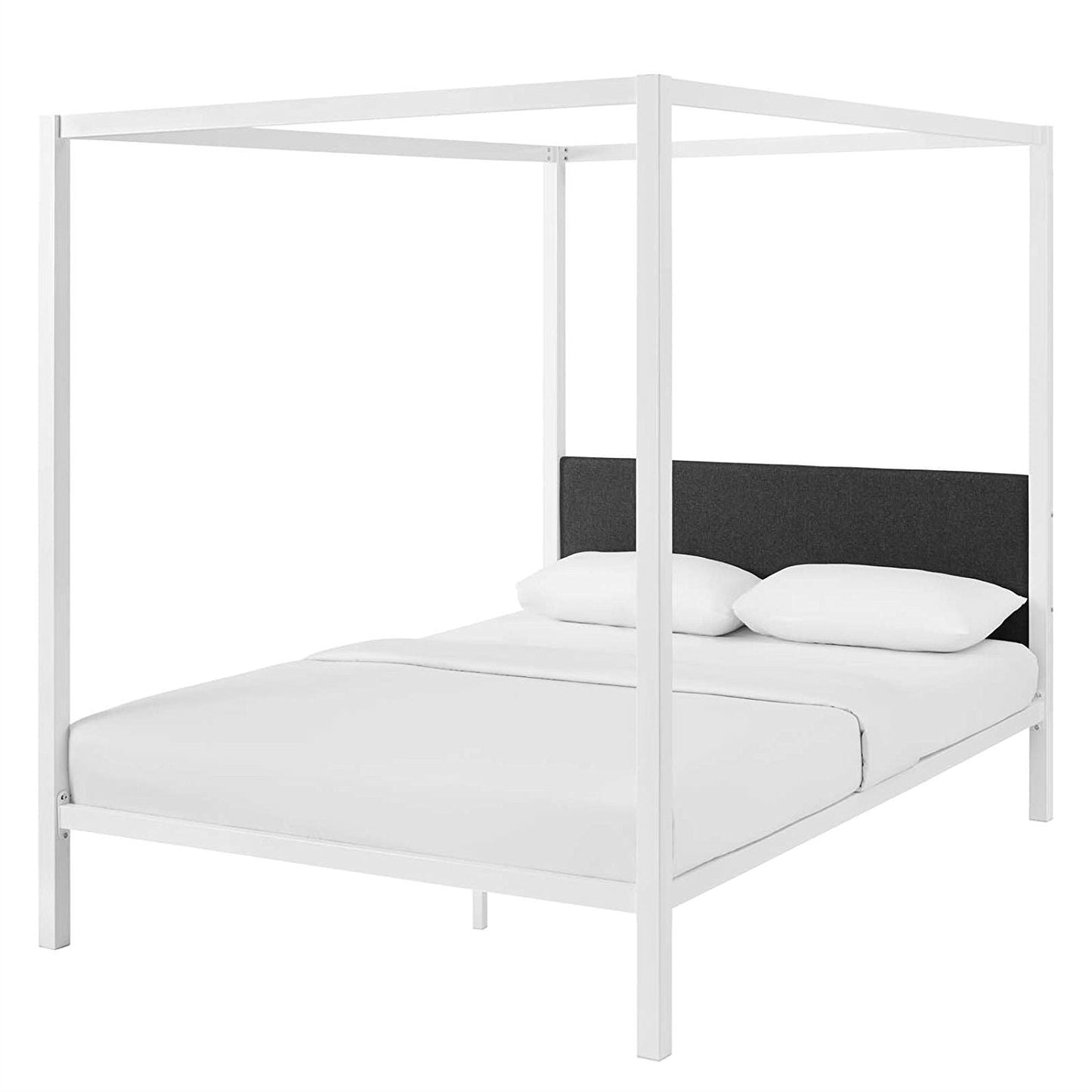 Base de cama de metal blanco tamaño Queen con dosel y cabecera tapizada en tela gris