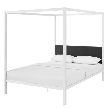 Base de cama de metal blanco tamaño Queen con dosel y cabecera tapizada en tela gris