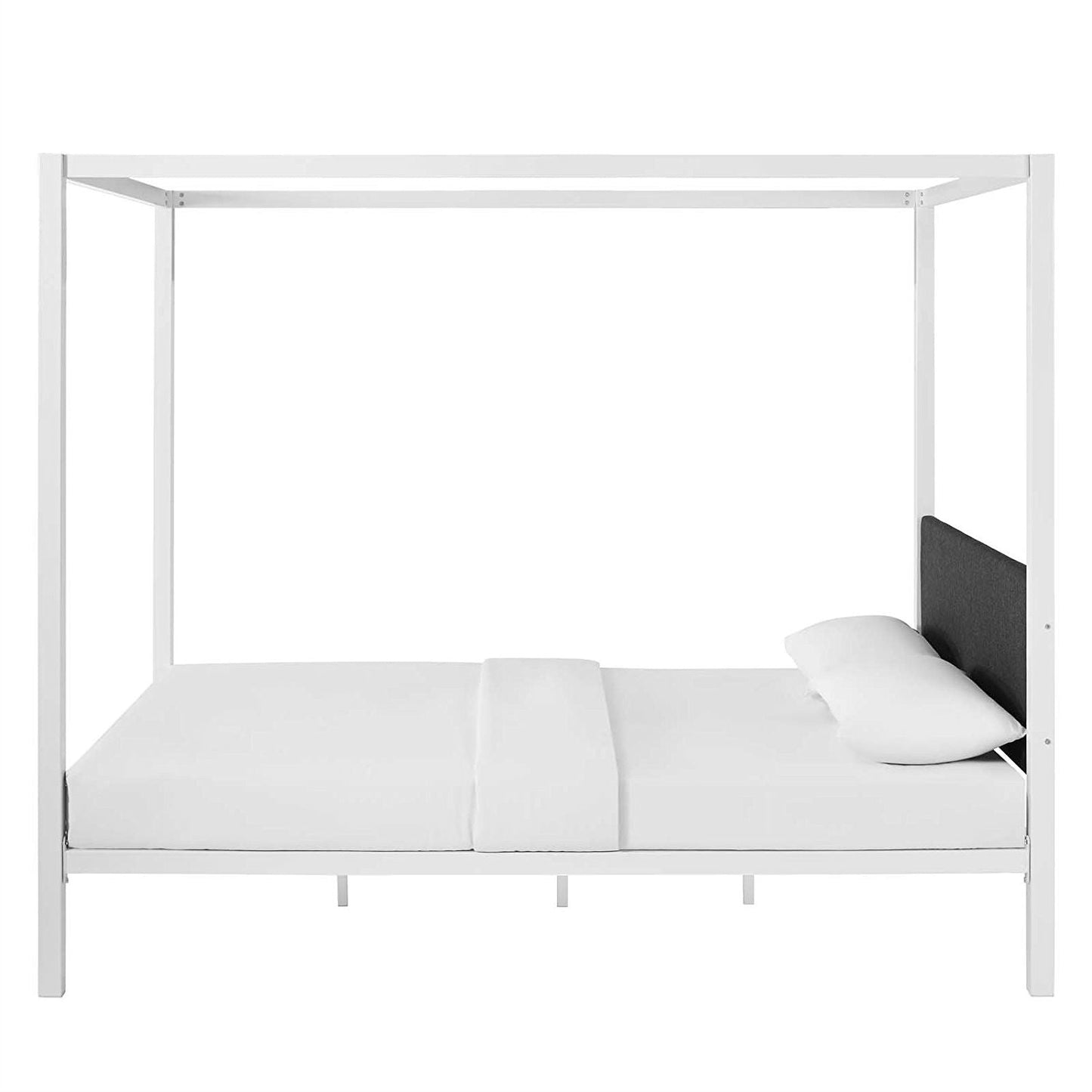 Base de cama de metal blanco tamaño Queen con dosel y cabecera tapizada en tela gris