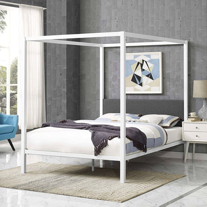 Base de cama de metal blanco tamaño Queen con dosel y cabecera tapizada en tela gris