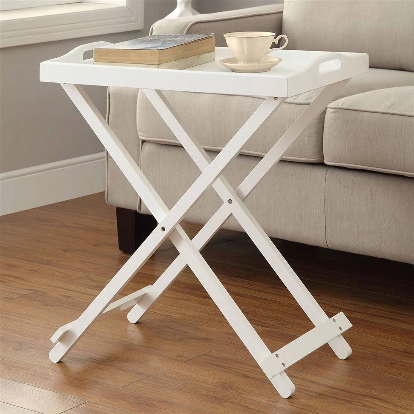 Mesa Auxiliar Plegable de TV para Cama en Acabado de Madera Blanca