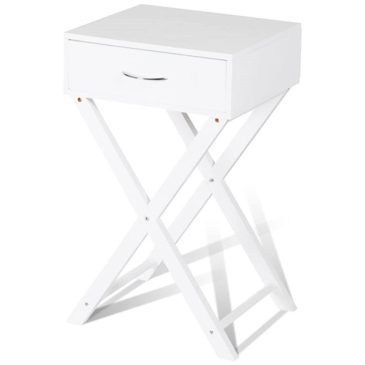 Mesa de Noche/Auxiliar con Almacenamiento de 1 Cajón en Forma de X, Color Blanco